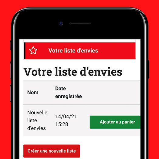 Image d'un iPhone avec navigateur ouvert sur la section Liste d'envies de watco.fr