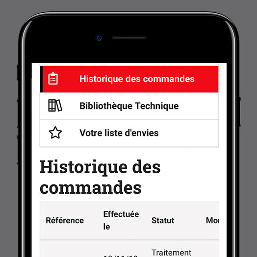 Image d'un iPhone avec navigateur ouvert sur la section Historique de commandes de watco.fr