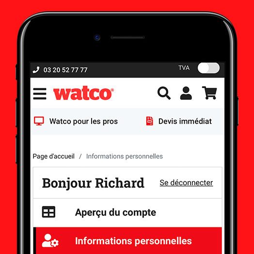Image d'un iPhone avec navigateur ouvert sur la section Informations personnelles de watco.fr