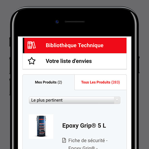 Image d'un iPhone avec navigateur ouvert sur la section Bibliothèque Technique de watco.fr