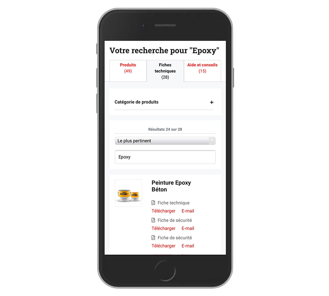 Image d'un iPhone avec navigateur ouvert montrant la page résultat de recherche pour Epoxy sur le site de watco.fr
